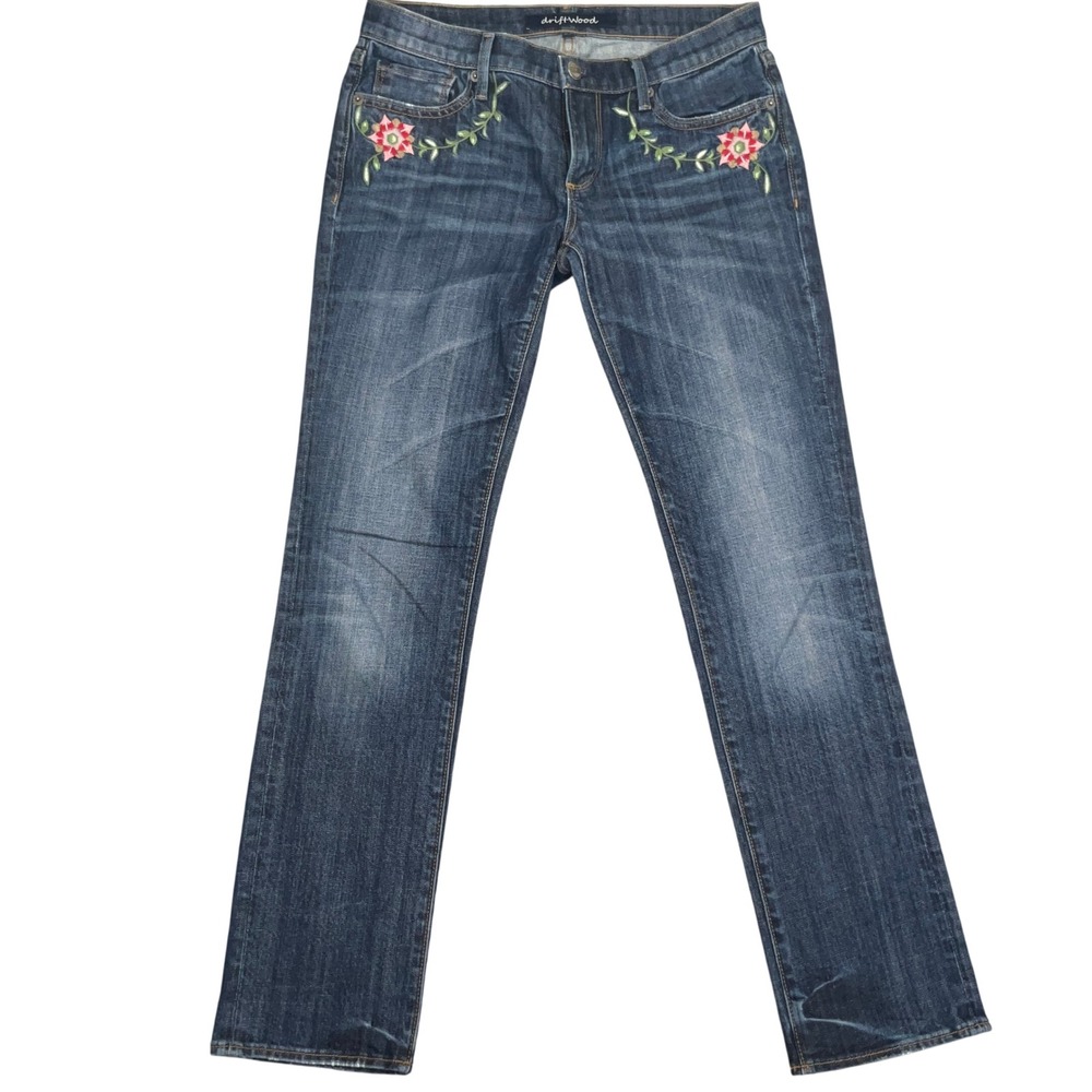 Driftwood Jeans Womens 27 Blue Jackie Floral Embroidered Boho Straight Leg
